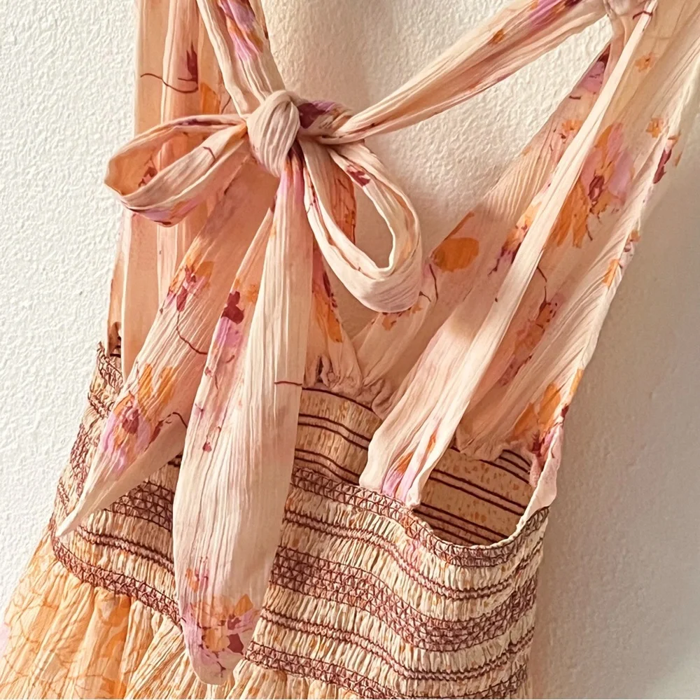FREE PEOPLE Bohemian Y2K Style Babydoll Floral Pink Smocked Tank Top Size Small